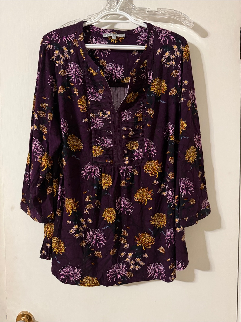 Daniel Rainn Plum Floral Split-Neck Tunic with Mustard Blooms